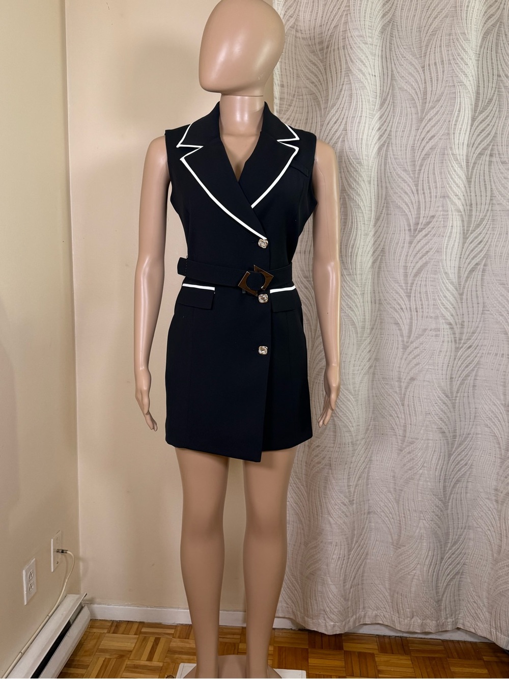Sleeveless Black Blazer Dress with White Piping